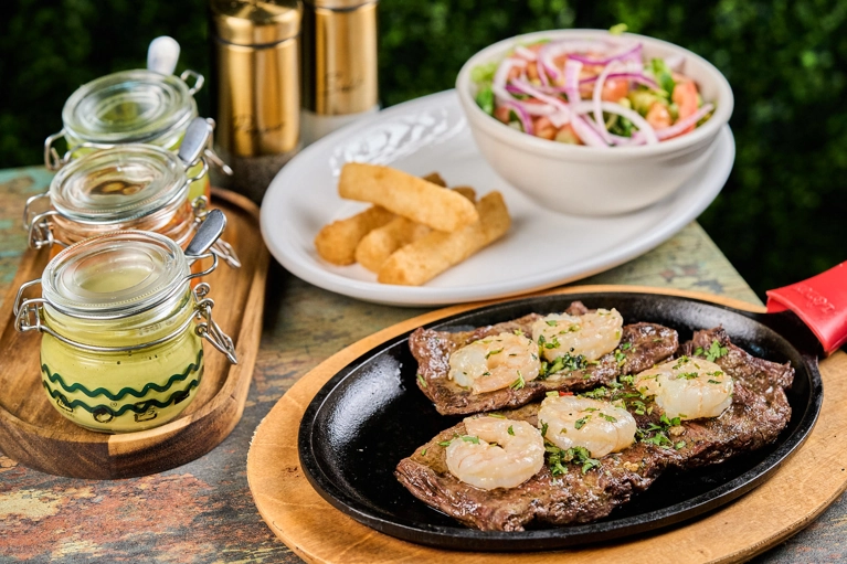 GRILLED SKIRT STEAK TOPPED WITH SHRIMP