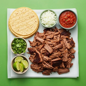 Barbacoa per pound with shredded beef and corn tortillas, accompanied by diced onion and salsa in Dallas.