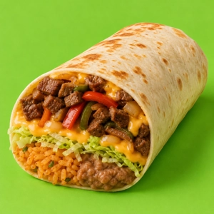 Fajita Burrito with beef, melted cheese, lettuce, rice, and beans in Dallas.