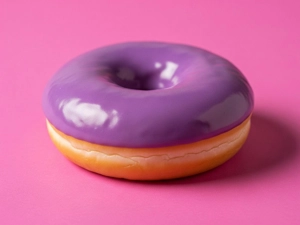 Blueberry donut with a glossy blueberry glaze on a pink background in Dallas.