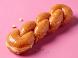 Twist donut with a shiny glaze on a pink background in Dallas.
