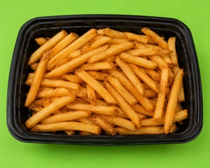 Crispy fries in a black tray, seasoned and golden, from Lone Star Donuts & Tacos in Dallas.