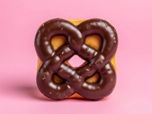 Pretzel Donut with chocolate glaze and a pretzel shape on a pink background in Dallas.