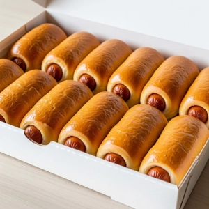Large kolaches with visible sausage wrapped in golden brown dough in Dallas.