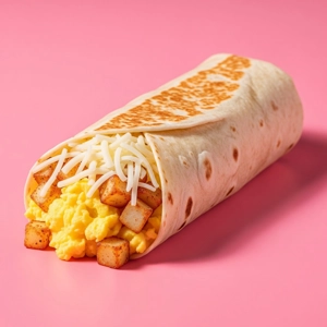 Potato Egg Cheese Burrito with scrambled eggs, diced potatoes, and shredded cheese on a flour tortilla in Dallas.