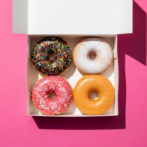 Baked Yesterday Box with assorted donuts including chocolate with sprinkles, powdered sugar, pink icing with white