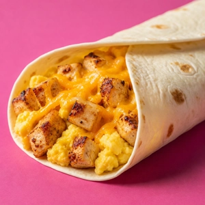 Chicken Egg Cheese Burrito with grilled chicken, scrambled eggs, and melted cheese in a flour tortilla, Dallas cuisine.