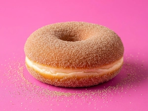Cinnamon donut with sugar dusting on a pink background in Dallas.