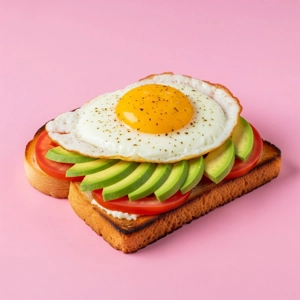 Avoegg Toast with avocado slices, tomato, and a fried egg on sourdough toast in Dallas.