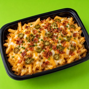Cheese fries with nacho cheese, bacon, and jalapenos in Dallas.