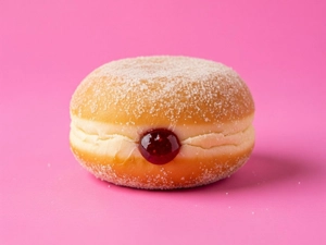 Raspberry Jelly Donut with powdered sugar and raspberry filling in Dallas.
