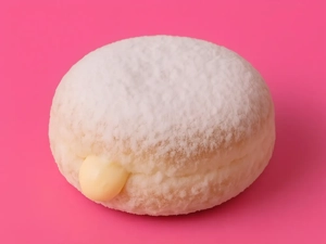 Crème filled donut with powdered sugar on a pink background in Dallas.