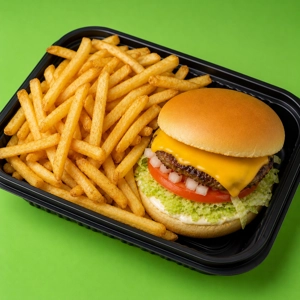 Cheese Burger with melted cheese, lettuce, and tomato, served with fries in Dallas.