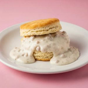 Biscuits & Gravy with a fluffy biscuit and creamy sausage gravy in Dallas.