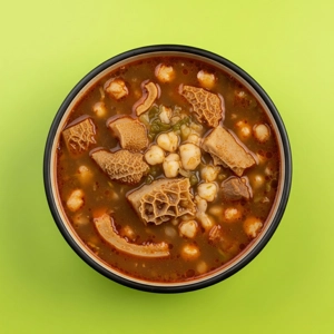Small menudo with visible tripe and hominy in a rich broth, served in a bowl. Mexican cuisine in Dallas.