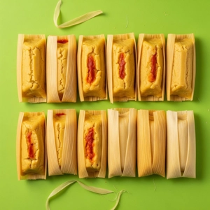 Tamales Dozen with visible corn husks and red filling, representing Mexican cuisine in Dallas.
