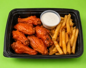 Chicken wings with a spicy sauce, served with fries and a side of ranch dressing in Dallas.
