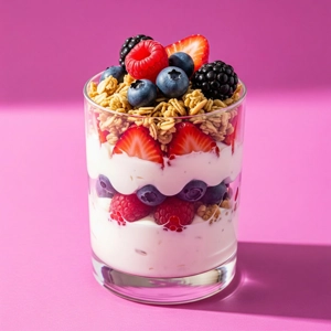 Yogurt Parfait with layers of vanilla Greek yogurt, strawberries, blueberries, and granola in Dallas.