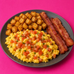 Mexican Style Eggs with pico de gallo, crispy bacon, and home fries in Dallas.