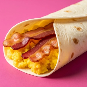 Bacon Egg Cheese Burrito with scrambled eggs and crispy bacon on a flour tortilla in Dallas.