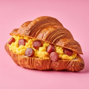 Sausage egg cheese croissant with scrambled eggs and sausage slices in Dallas.