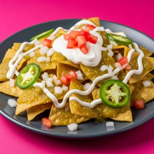 Chilaquiles with tortilla chips, jalapenos, and sour cream in Dallas.