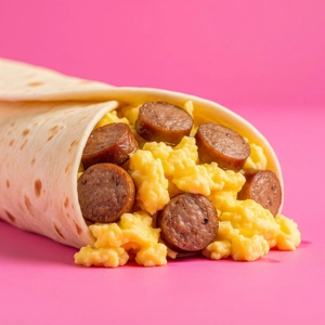 Sausage Egg Cheese Burrito with scrambled eggs and sausage slices in a flour tortilla, Dallas cuisine.