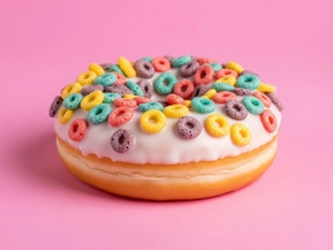 Fancy Donut topped with colorful cereal rings on a pink background in Dallas.