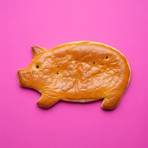 Little Piggy bread shaped like a pig with a golden crust on a pink background in Dallas.
