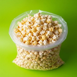 Large popcorn in a clear plastic bag, showing fluffy white and yellow kernels, from a restaurant in Dallas.