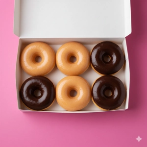 Half Dozen donuts with three traditional glazed and three chocolate glazed in a box from Lone Star Donuts & Tacos in Dallas.