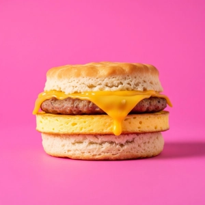 Egg sausage biscuit with melted cheese and sausage patty in Dallas.