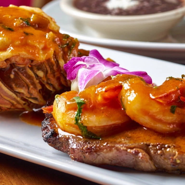 Mar y Tierra with grilled steak and shrimp topped with sauce in Wantagh.