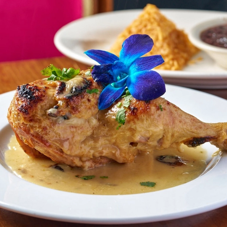 Pollo Margaritas with grilled chicken leg topped with sauce and a blue flower garnish in Wantagh.