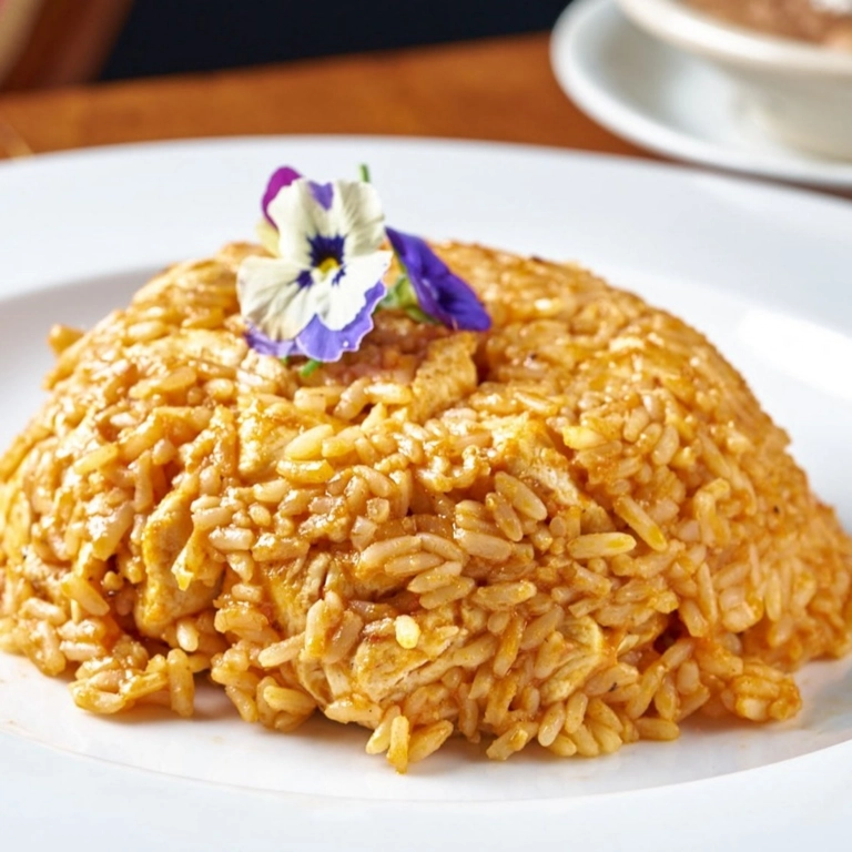 Arroz con Pollo with visible chicken pieces and a decorative flower on top, served in Wantagh.