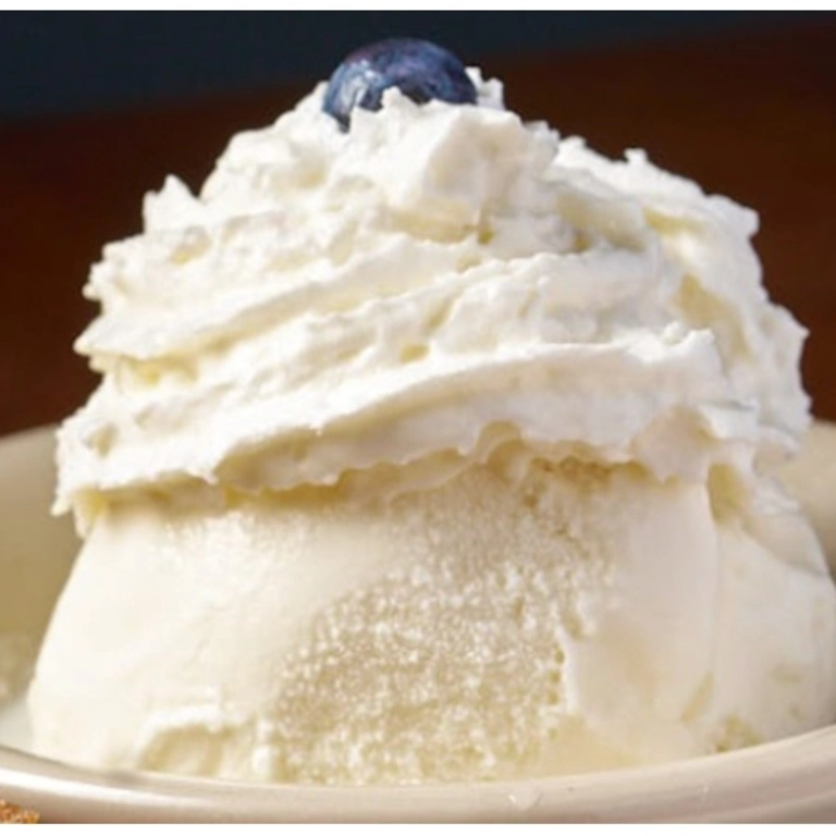 Vanilla ice cream topped with whipped cream and a blueberry in Wantagh.
