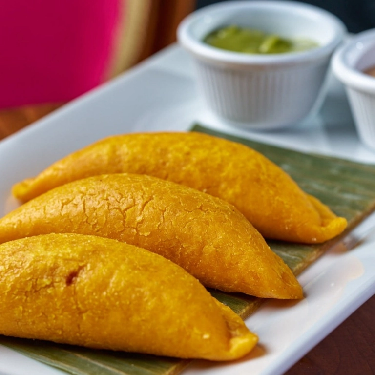Empanadas with golden crust on a banana leaf, served with green sauce in Wantagh.