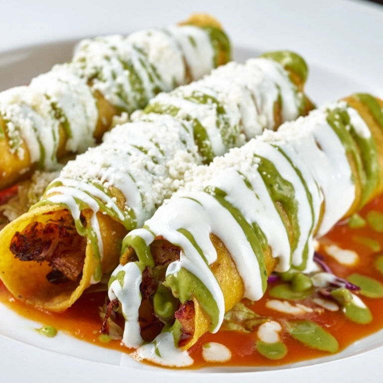 Mexican flautas with shredded meat, drizzled with green sauce and sour cream in Wantagh.