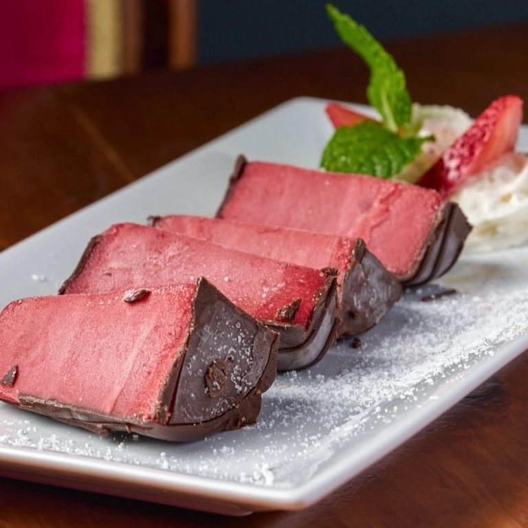 Raspberry sorbet bombe with chocolate coating and mint garnish in Wantagh.
