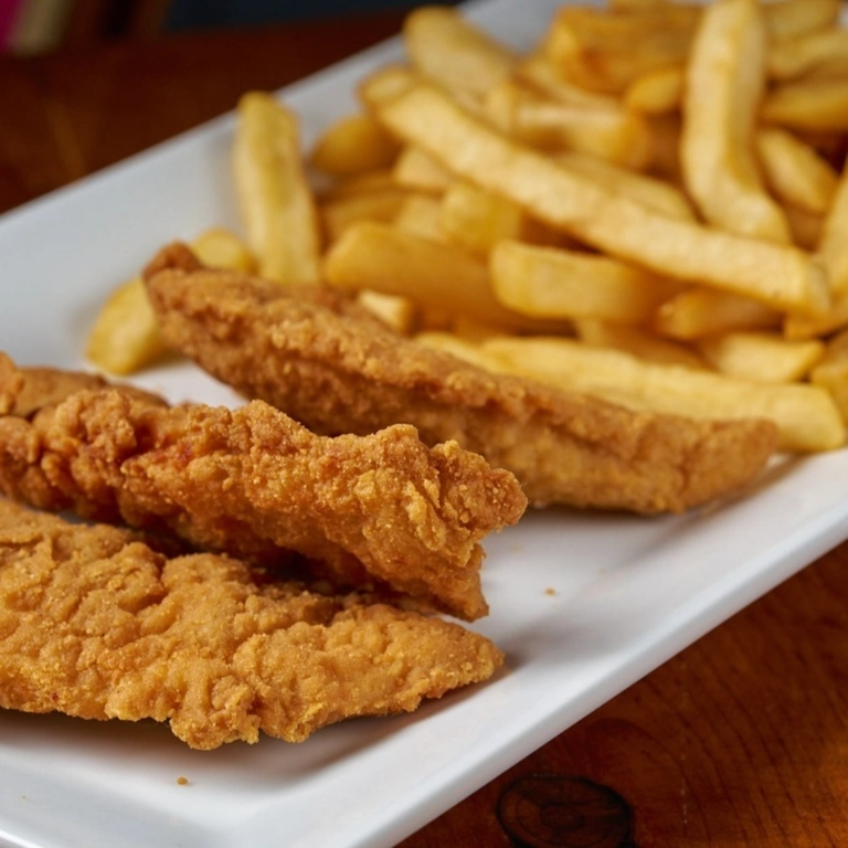 Kid Chicken Fingers with crispy fries on a white plate in Wantagh.