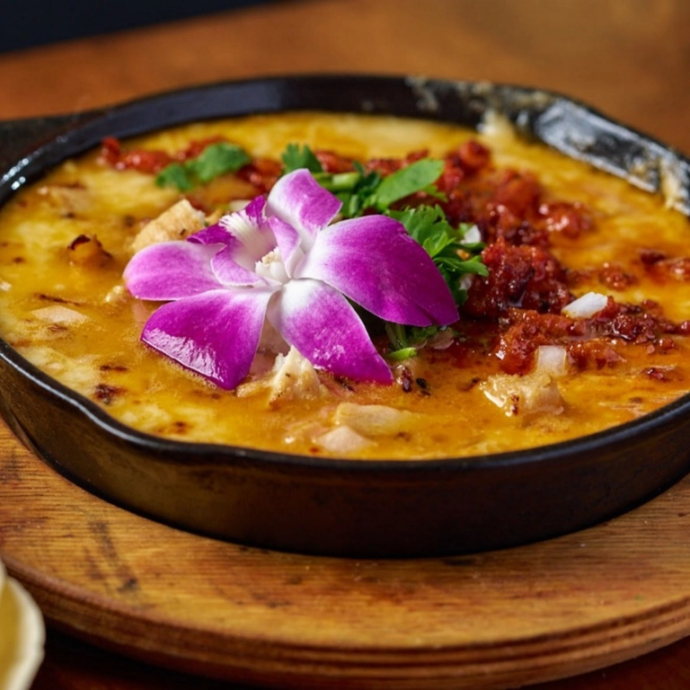 Queso Fundido with melted cheese, chorizo, and a purple flower garnish in Wantagh.