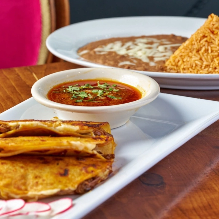 Tacos de Birria with melted cheese and a bowl of consommé on a plate in Wantagh.
