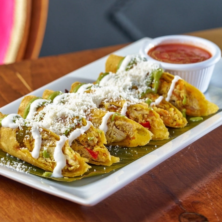 Taquitos de Pollo with shredded chicken, cheese, and sauce in Wantagh.