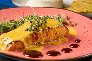 Salmón asado con salsa amarilla, acompañado de brotes verdes en un plato rosado. Cocina desconocida en ciudad desconocida.