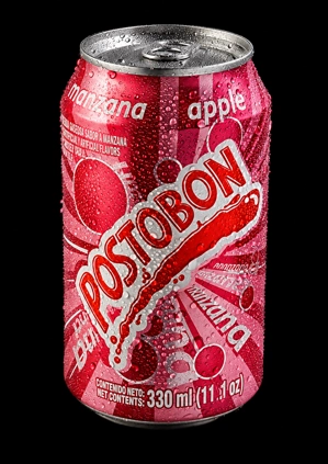 Manzana Postobon 12oz can with apple flavor and red design in Jackson Heights.