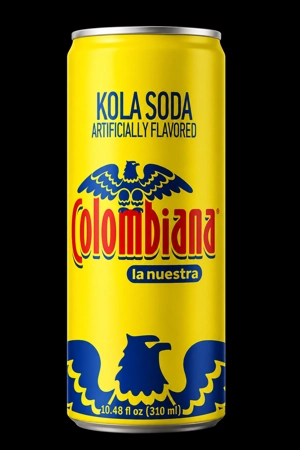 Colombiana Postobon 12oz can with yellow and blue design in Jackson Heights.