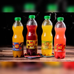Hit fruit drinks in four flavors: mango, blackberry, orange-pineapple, and tropical fruits. Plastic bottles with green caps.