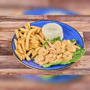 Garlic shrimp with crinkle-cut fries and white rice on a blue plate, possibly Latin cuisine.