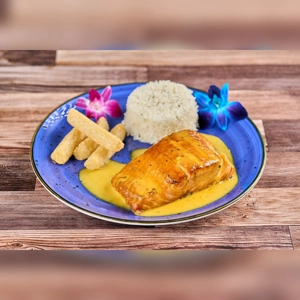 Salmon En Salsa De Maracuya with passion fruit sauce, rice, and yuca sticks on a blue plate. Cuisine type and city unknown.