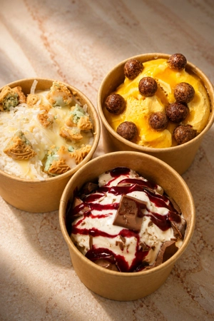 Ice cream assortment with visible toppings including chocolate pieces, coconut flakes, and cookie crumbles in Jackson